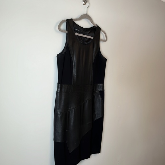 Edgy, mixed material party dress by Pink Tartan. Leather accents. - Picture 2 of 6